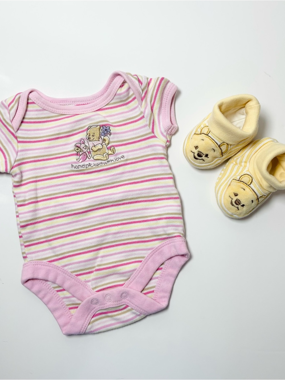 Official Disney Winnie the Pooh Striped Bodysuit & Booties Set NB Retro Style